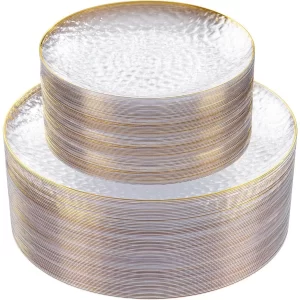 kf-S9c84fd91f0b6423d95c4e8bbe82f179fA 60Pcs Clear Plastic Plates with Gold Rim for Elegant Dining Events: HeavyDuty Disposable Dinner and Dessert Plates with Hammere